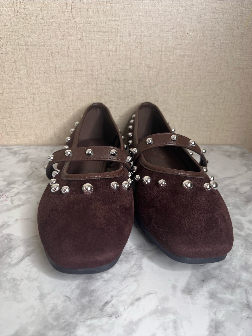 Olivia & Kate Studded Mary Jane Flats in a dark brown faux-suede finish - Picture 2 of 8
